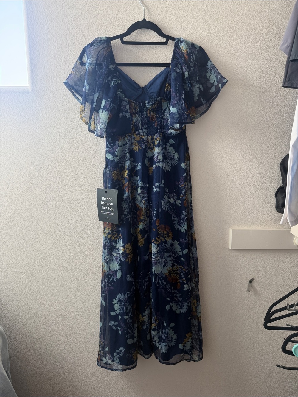 Lulu's Navy Floral Midi Dress with Flutter Sleeves - Picture 3 of 3